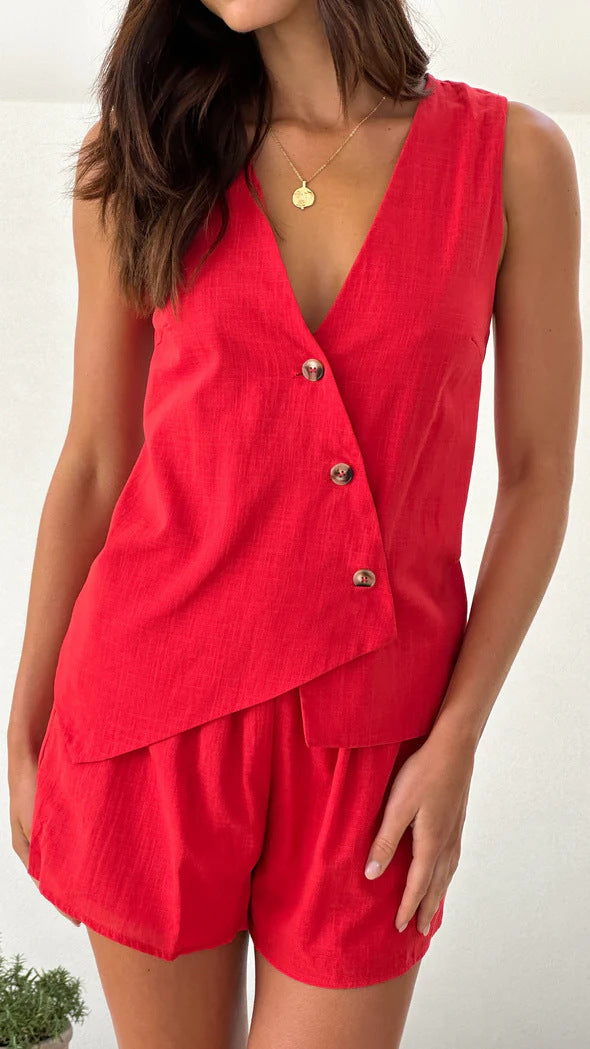 Damen lässiges Sommer-Outfit mit V-Ausschnitt und asymmetrischem Schnitt Drune