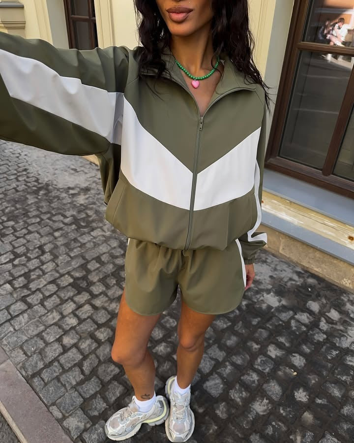 Damen nan lässiges Athleisure-Set mit windabweisender Kurzjacke, Stehkragen und elastischen Highwaist-Shorts Drune