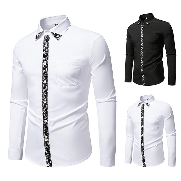Herren elegantes Langarmhemd mit floralem Kragen und Brusttasche Drune