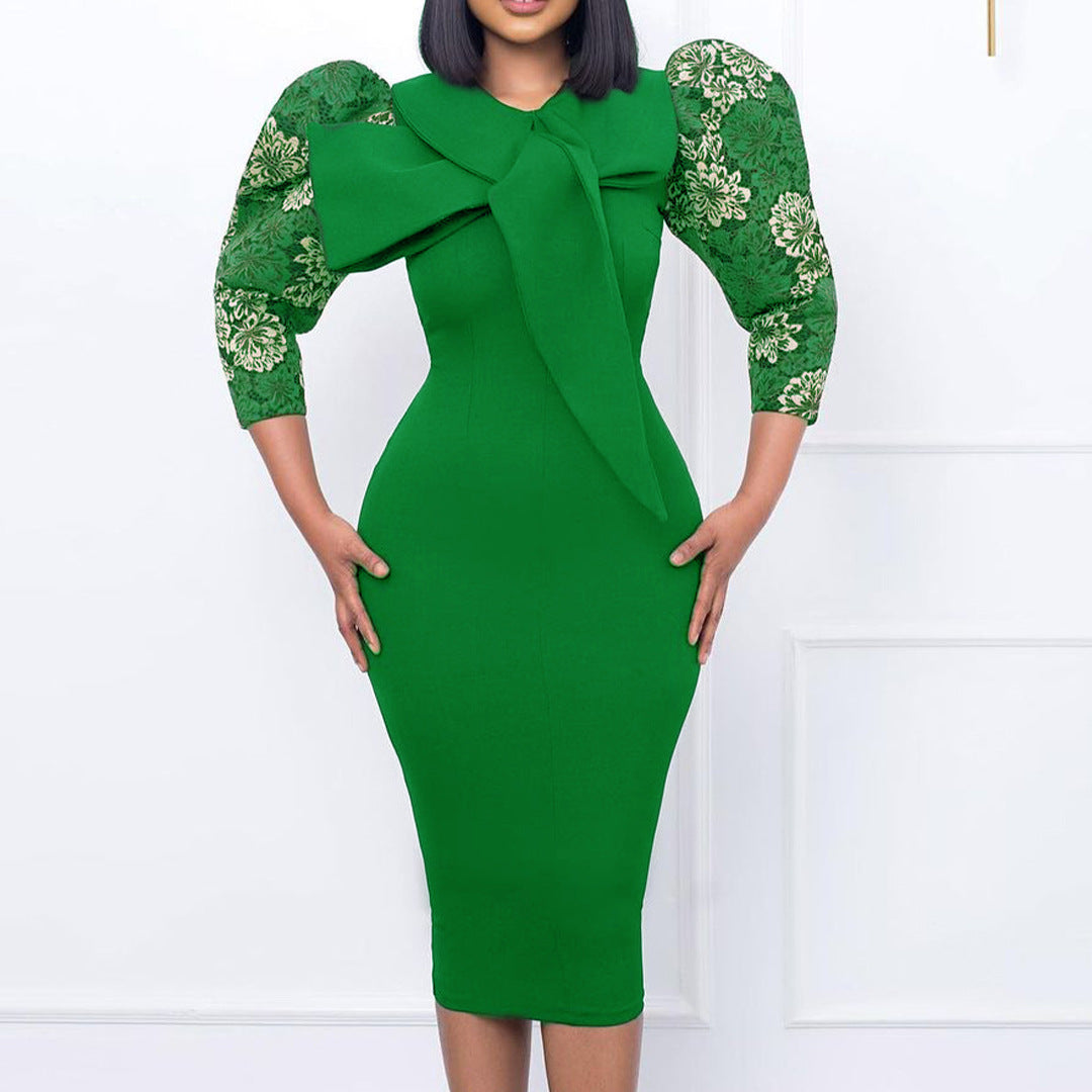 Damen elegantes Kleid mit Statement-Kragen und floralem Ärmel Drune
