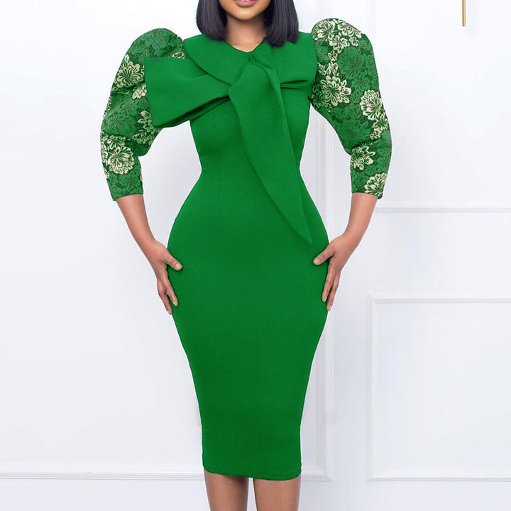 Damen elegantes Kleid mit Statement-Kragen und floralem Ärmel Drune