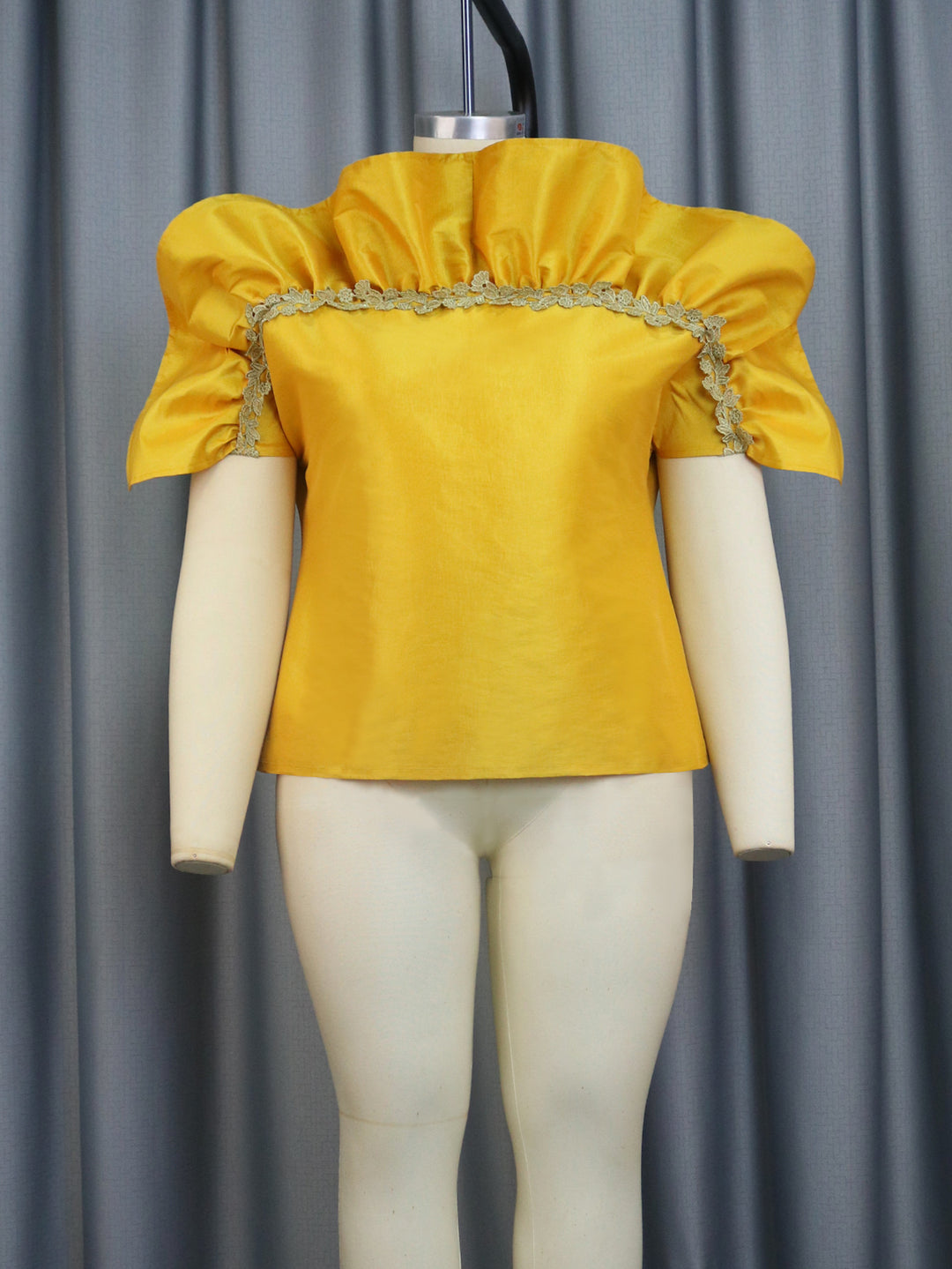 Damen elegantes Blusenshirt mit voluminösen Puffärmeln und dekorativem Spitzenrand Drune