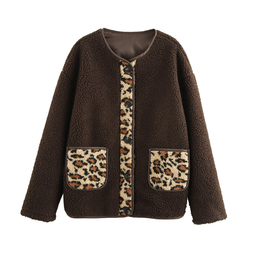 Damen kuschelige Teddyjacke mit tierischem Muster und praktischen Pattentaschen Drune