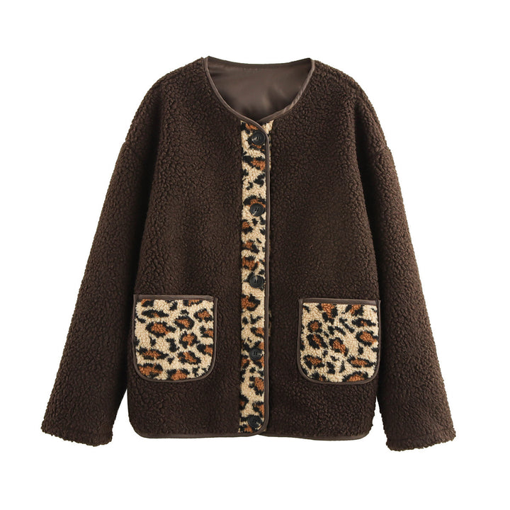 Damen kuschelige Teddyjacke mit tierischem Muster und praktischen Pattentaschen Drune