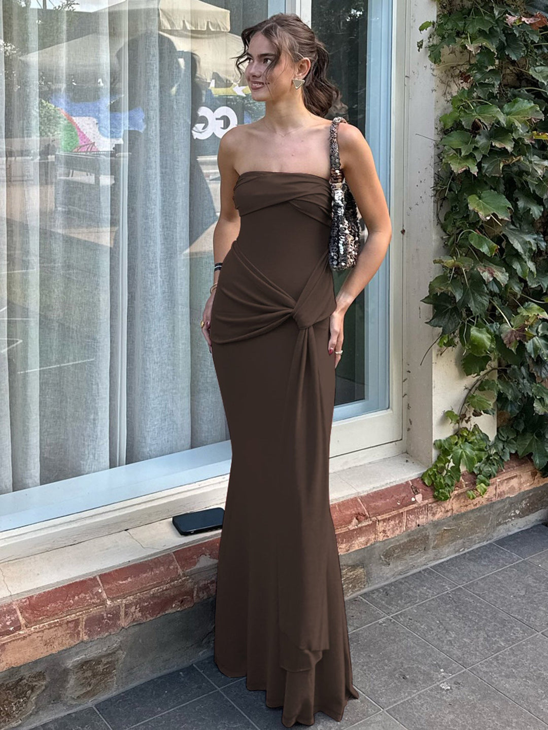 Damen Strapless Maxikleid mit raffiniertem Wickeldesign Drune