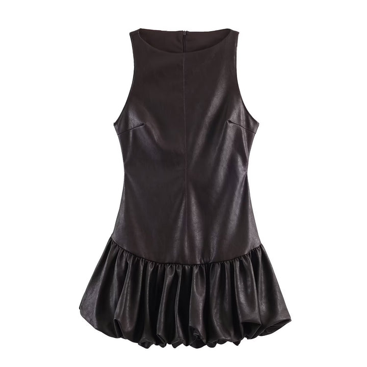 Damen ärmelloses Kunstlederkleid mit voluminösem Rock Drune