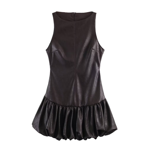 Damen ärmelloses Kunstlederkleid mit voluminösem Rock Drune