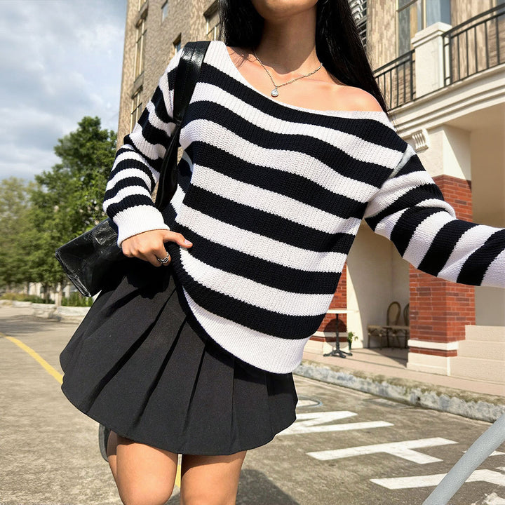 Damen lässiger Oversized-Pullover mit Streifenmuster Drune