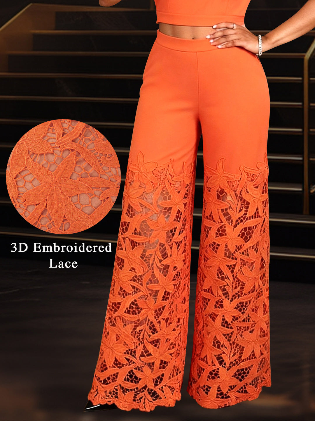 Damen elegante weit geschnittene Hose mit 3D gestickten Spitzenakzenten Drune