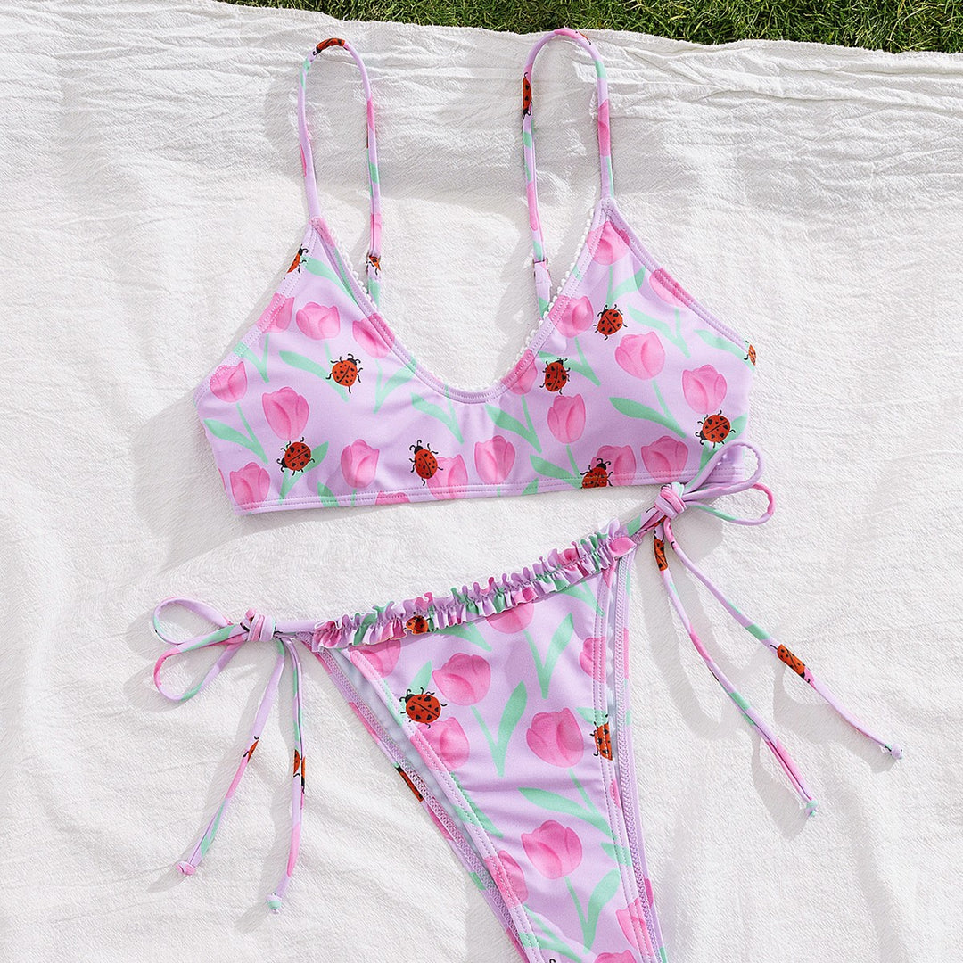 Damen Triangel-Bikini mit buntem Blütenmotiv und verstellbaren Bindebändern Drune