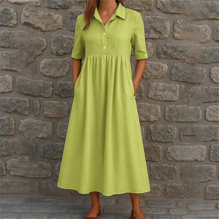 Damen legeres Midi-Kleid mit Knopfleiste und Taschen Drune