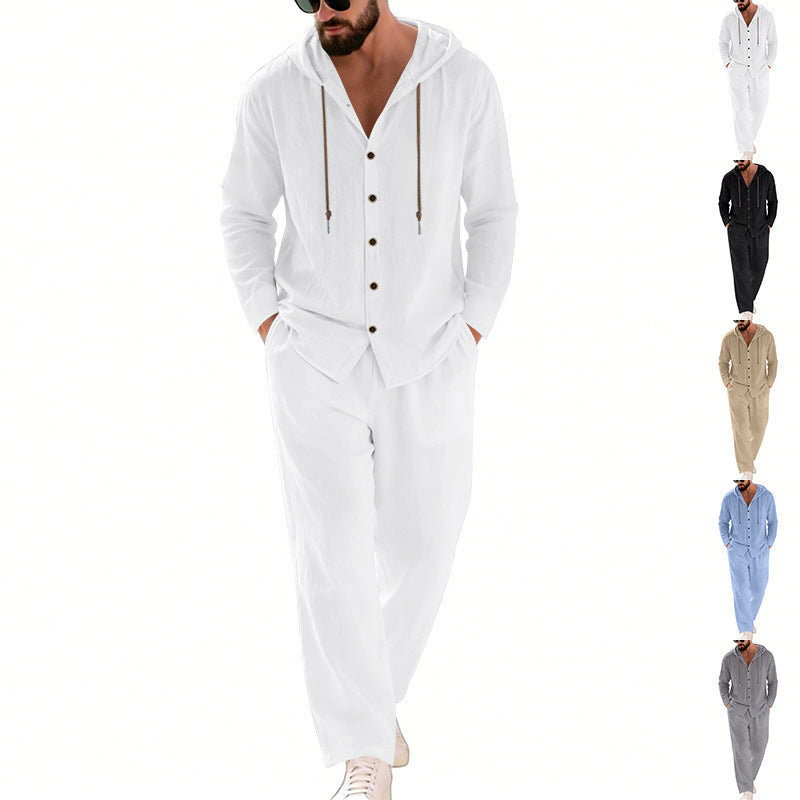 Herren nan legeres Kapuzen-Lounge-Set mit Knopfleiste, Kordelbundhose und seitlichen Eingrifftaschen Drune