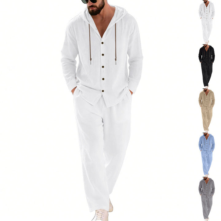 Herren nan legeres Kapuzen-Lounge-Set mit Knopfleiste, Kordelbundhose und seitlichen Eingrifftaschen Drune