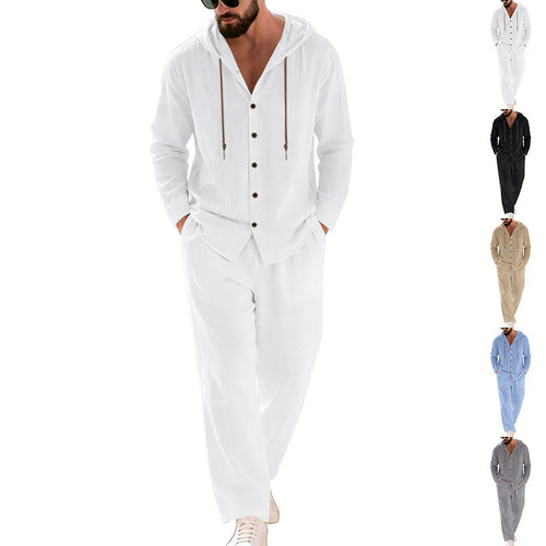 Herren nan legeres Kapuzen-Lounge-Set mit Knopfleiste, Kordelbundhose und seitlichen Eingrifftaschen Drune