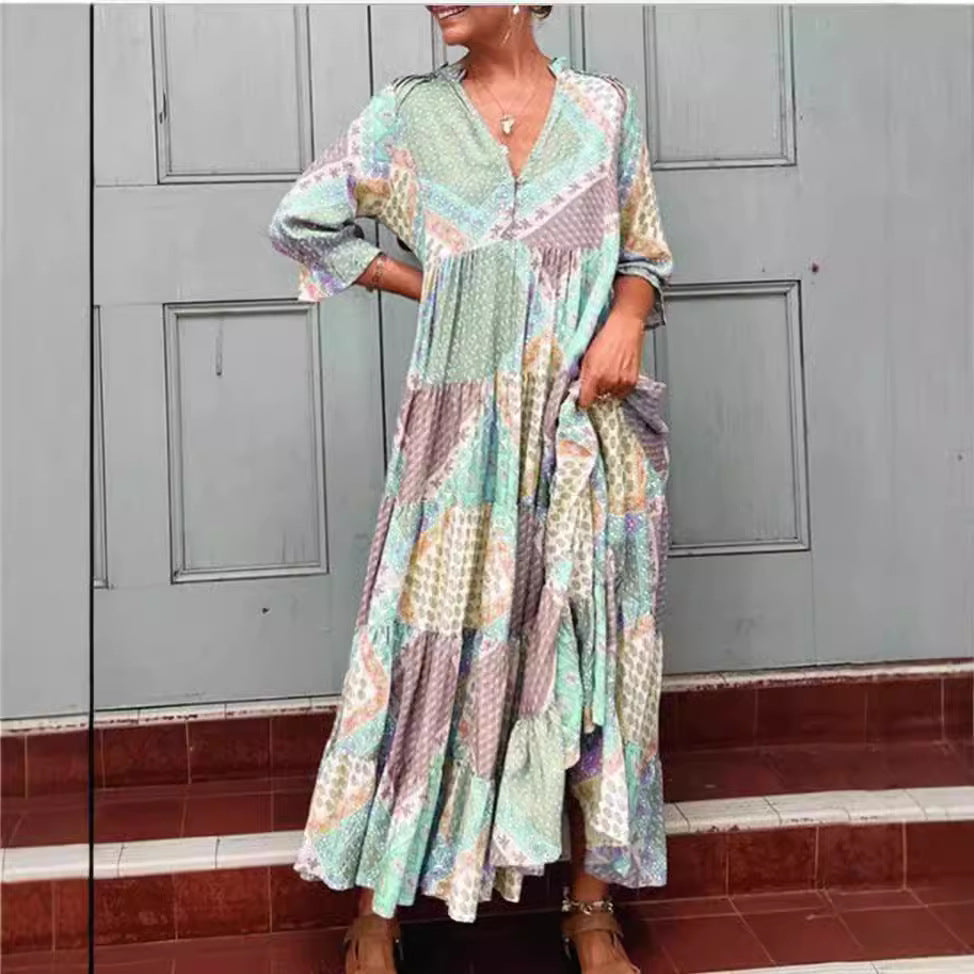 Damen nan luftiges Maxikleid im Patchwork-Boho-Stil mit V-Ausschnitt, gerafftem Oberteil und ausgestelltem Stufensaum Drune
