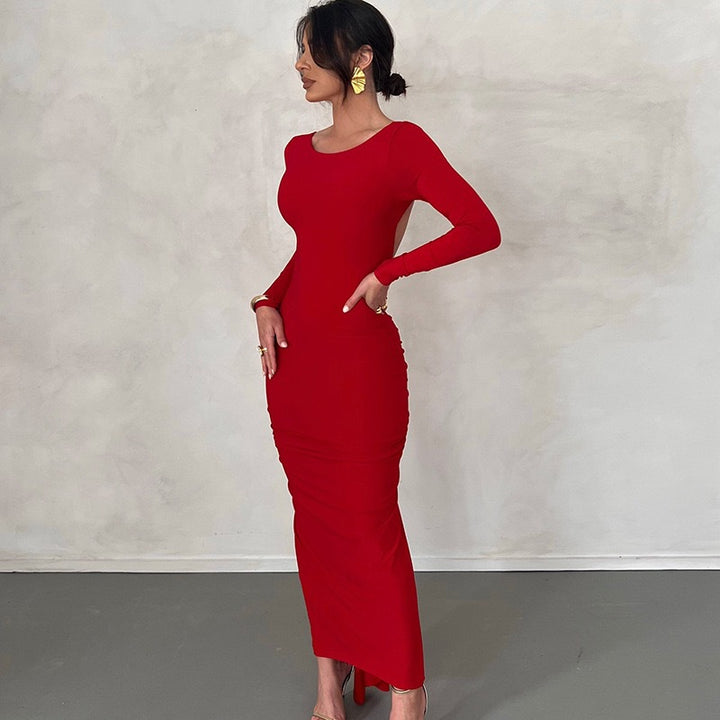 Damen Elegantes figurbetontes Maxikleid mit langen Ärmeln und Rundhalsausschnitt Drune