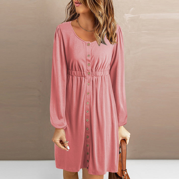 Damen knielanges Kleid mit Knopfdetails und elastischem Taillenzug Drune