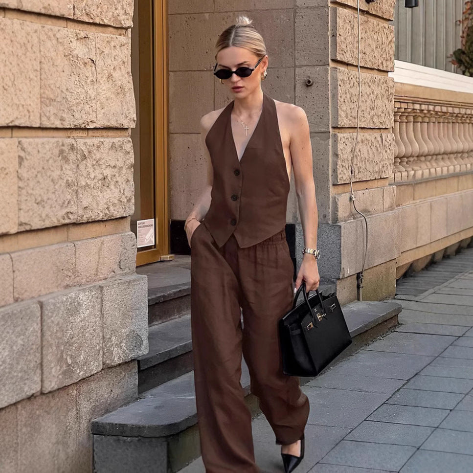 Damen Zweiteiliges Set aus leichtem Leinen mit bequemen Schnitt und modischer Weste Drune