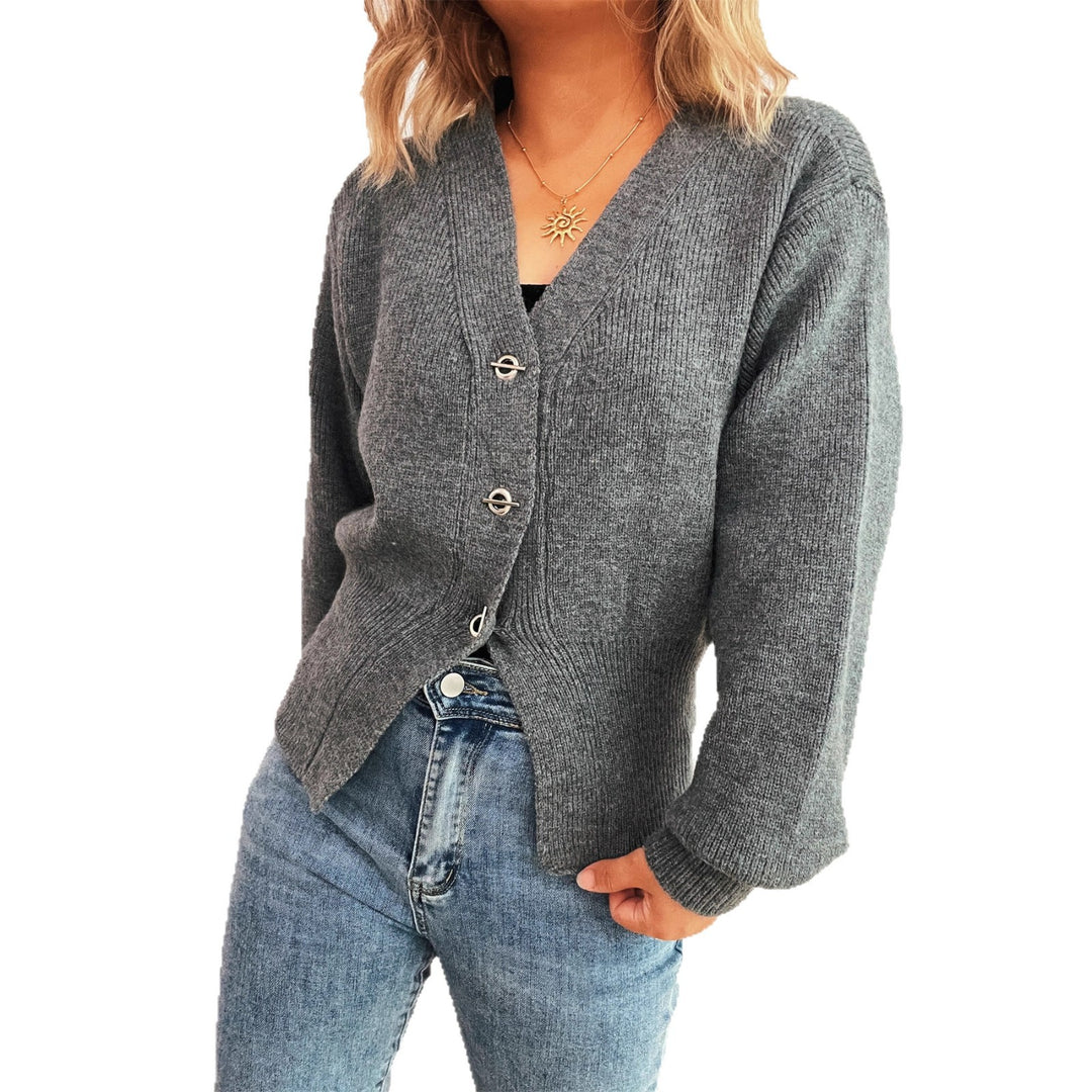 Damen leichte Strickjacke mit tiefem V-Ausschnitt und dekorativen Knöpfen Drune