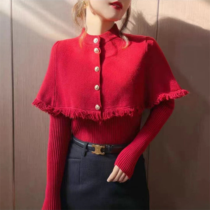Damen modischer Pullover mit abnehmbarer Schulterpartie und Knopfdetails Drune