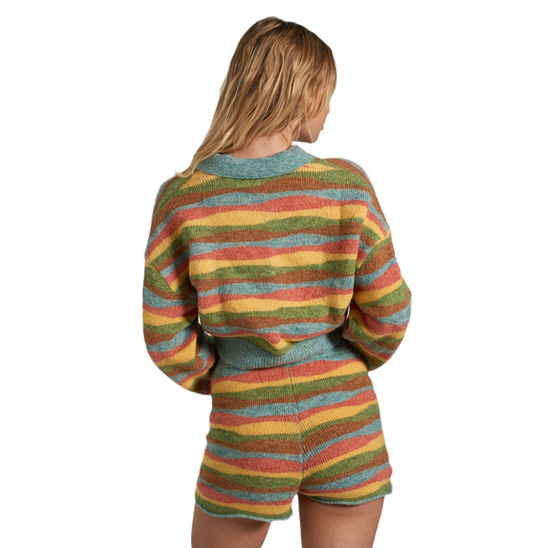 Damen Cropped Pullover mit V-Ausschnitt und buntem Streifenmuster Drune