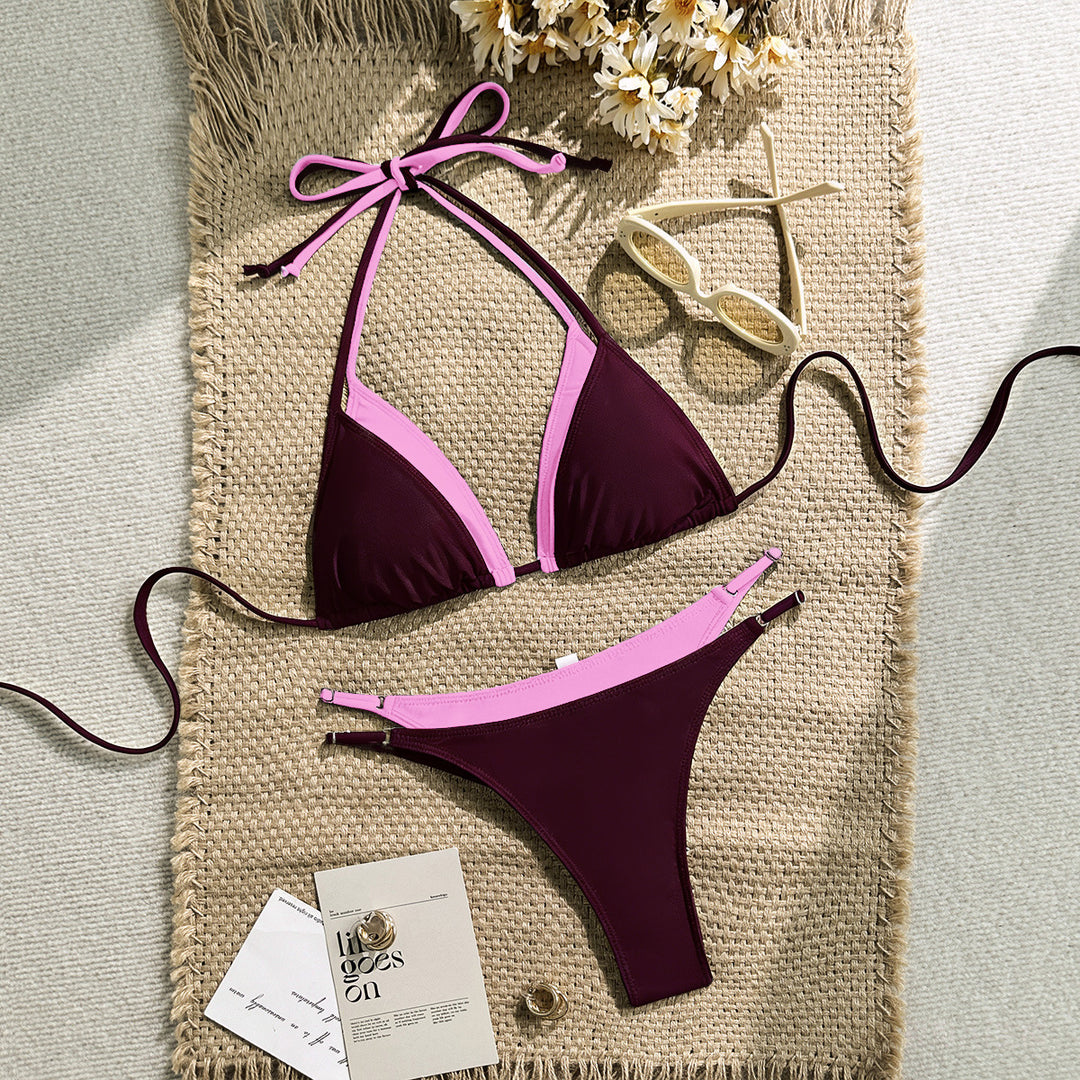 Damen Triangel-Bikini mit verstellbaren Trägern und kontrastrierendem Farbdesign Drune