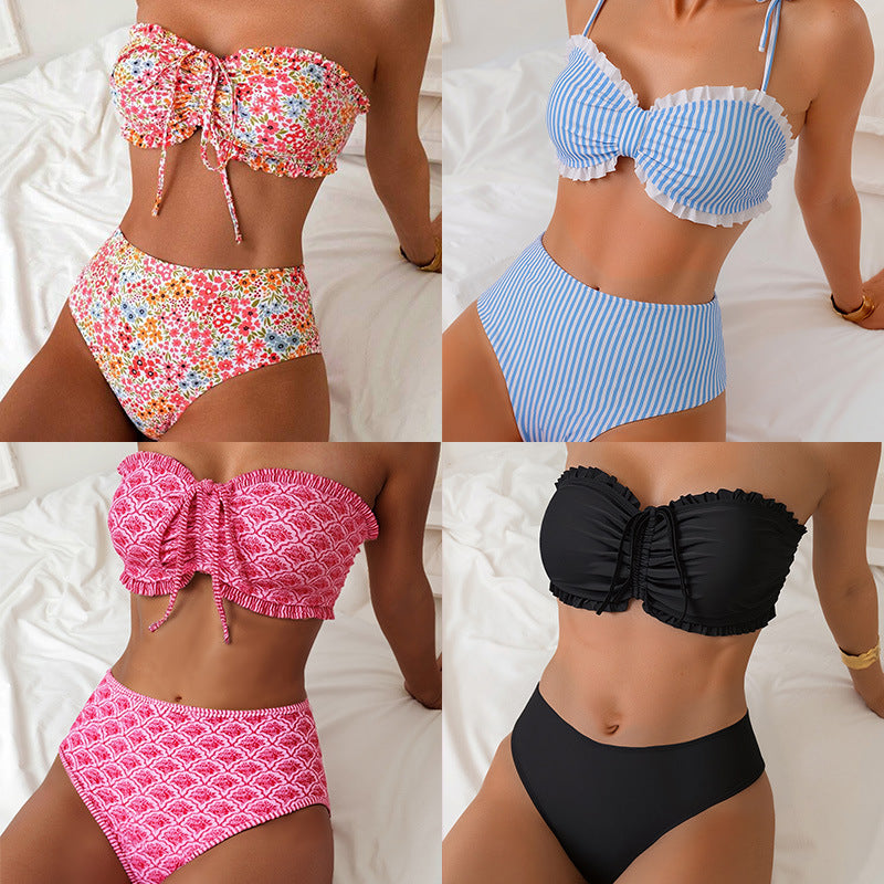 Damen Bandeau-Bikini mit voluminösen Rüschendetails und hohem Bund Drune