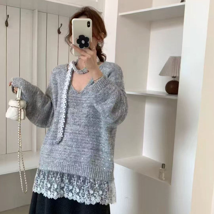 Damen gemütlicher Strickpullover mit elegantem Spitzenunterteil Drune