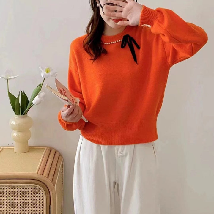 Damen modischer Pullover mit Zierband und Perlendetails Drune