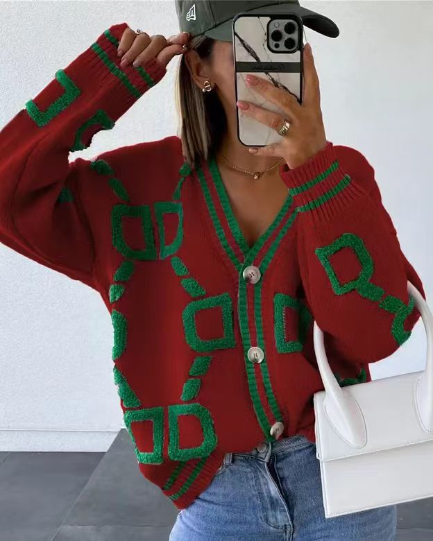 Damen modischer Cardigan mit einzigartigem geometrischen Muster und trendiger Knopfleiste Drune