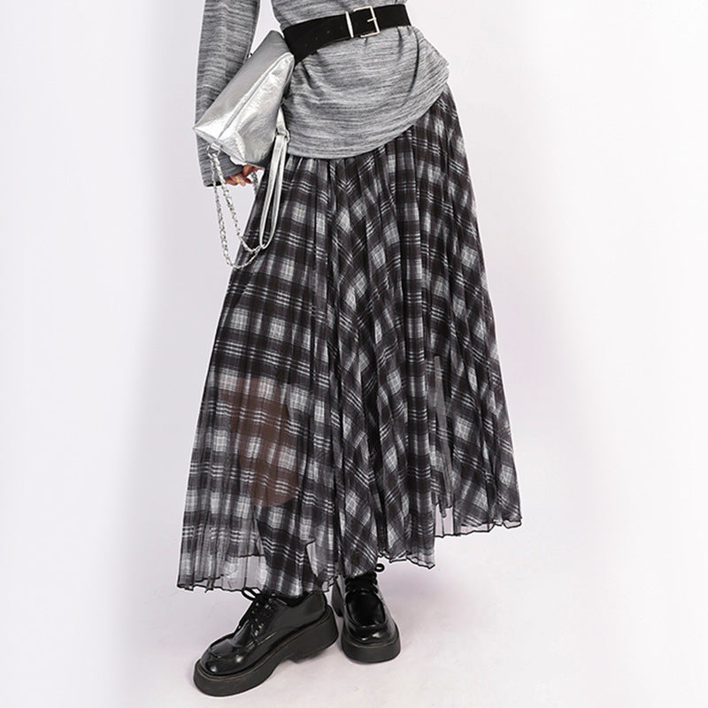 Damen nan plissierter kariert-lagen Midirock mit elastischem Taillenbund und mehrlagiger Chiffonstruktur Drune