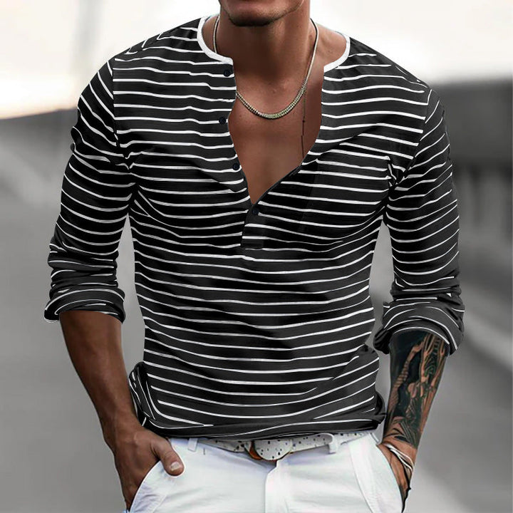 Herren Langarm-Henley-Shirt mit modischem Streifenmuster Drune