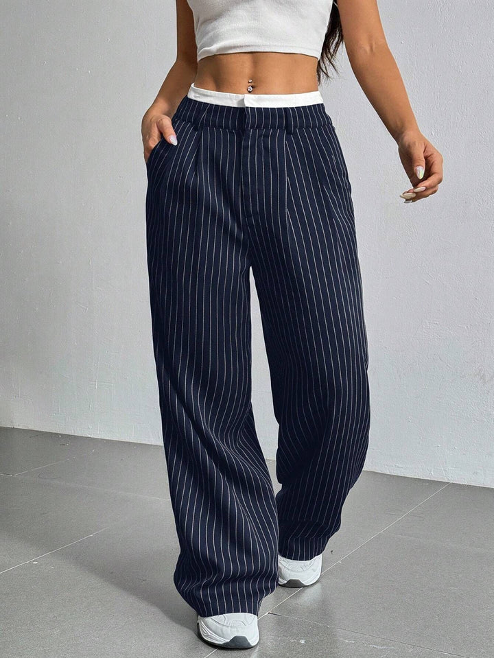 Damen Elegante Weite Hose mit Nadelstreifen und hohem Bund Drune