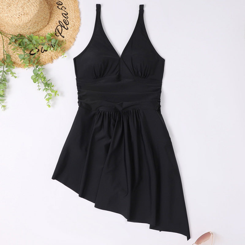 Damen eleganter Einteiler Badeanzug mit asymmetrischem Rock und verstellbaren Trägern Drune