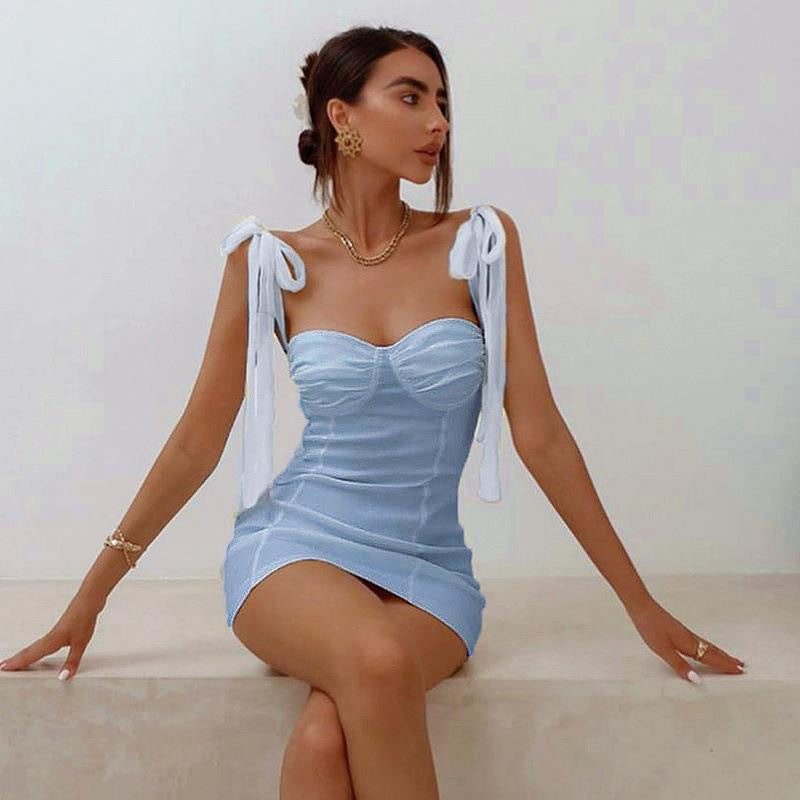 Damen Figurbetontes Minikleid mit trägerloser Bustier-Optik und charmanten Schleifen Drune