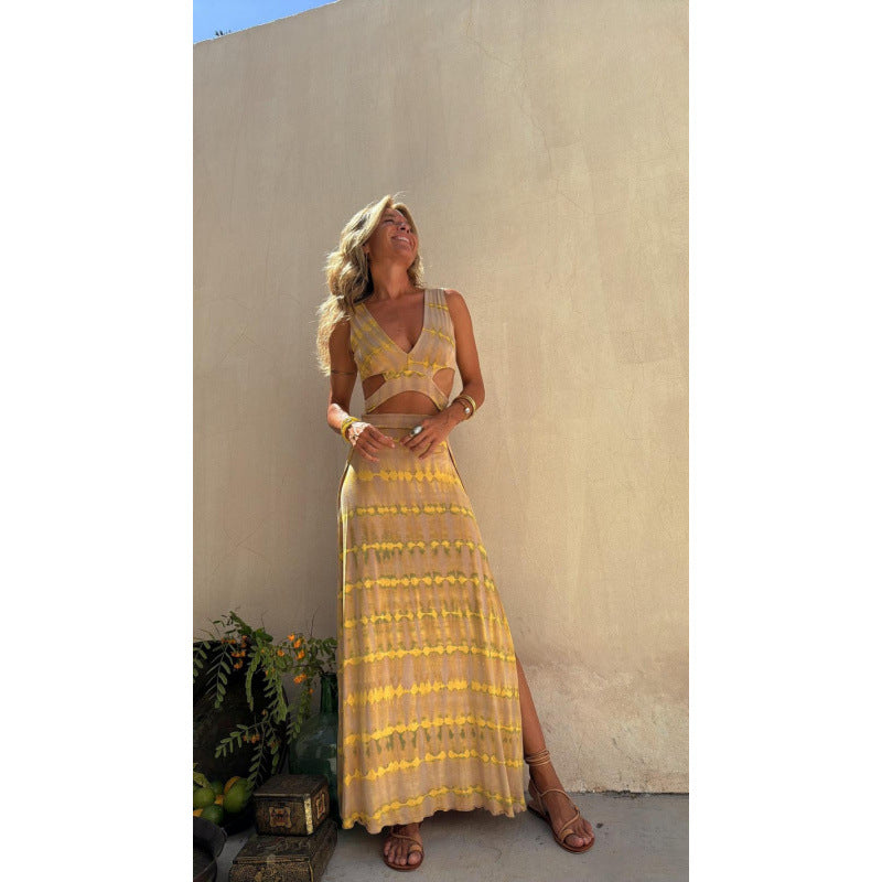 Damen Lang kleid mit tiefem V-Ausschnitt und modischem Cut-Out Drune