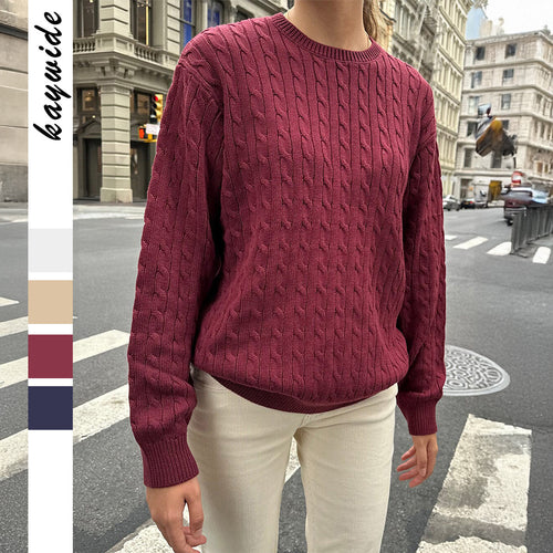 Damen nan grob gestrickter Zopfstrickpullover mit Rundhalsausschnitt, entspannter Oversize-Passform und gerippten Bündchen Drune