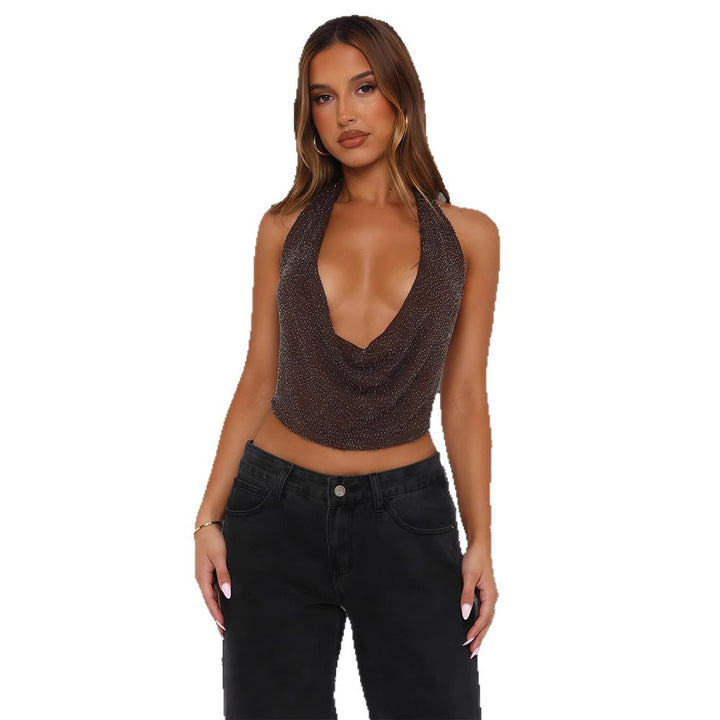 Damen Cowl-Neck Top mit funkelnder Gestaltung und tiefem Ausschnitt Drune
