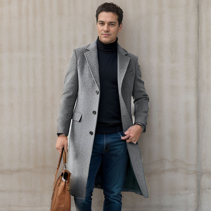 Herren eleganter Mantel mit strukturiertem Gewebe und modernen Akzenten Drune