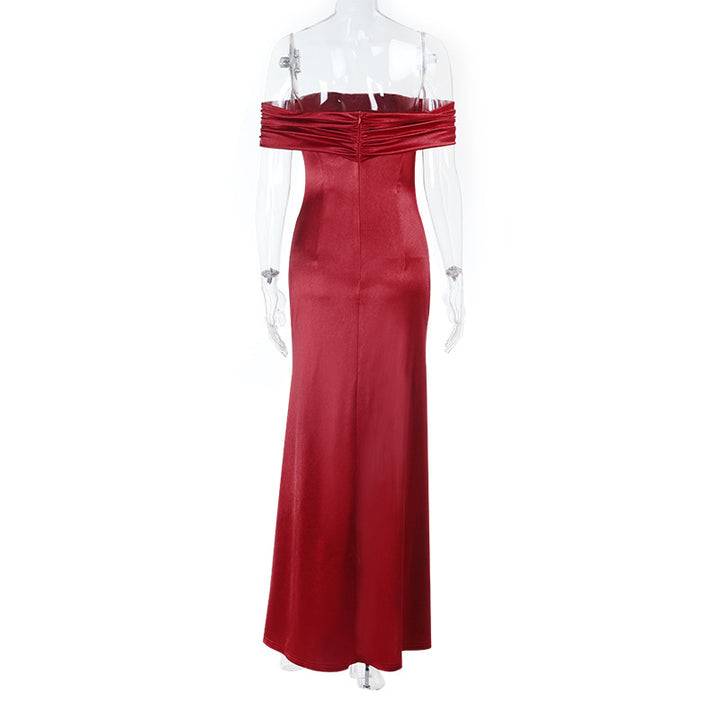 Damen schulterfreies Maxikleid mit eleganter Raffung und figurbetontem Schnitt Drune