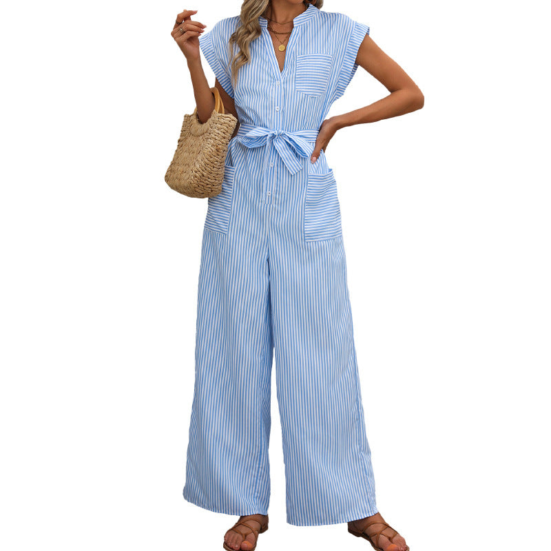 Damen Jumpsuit mit taillierbarem Gurt und modischem Streifenmuster Drune