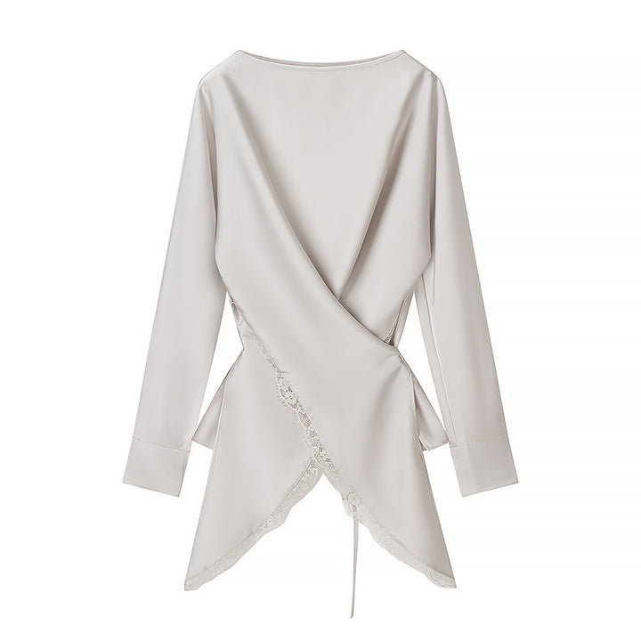 Damen elegante Wickelbluse mit Spitzenbesatz und passendem Rock Drune
