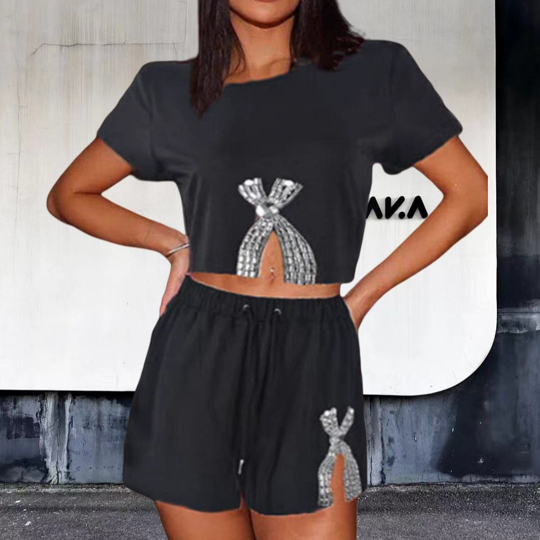 Damen Set aus gestreiftem Crop-Top und Shorts mit Glitzerdetails Drune