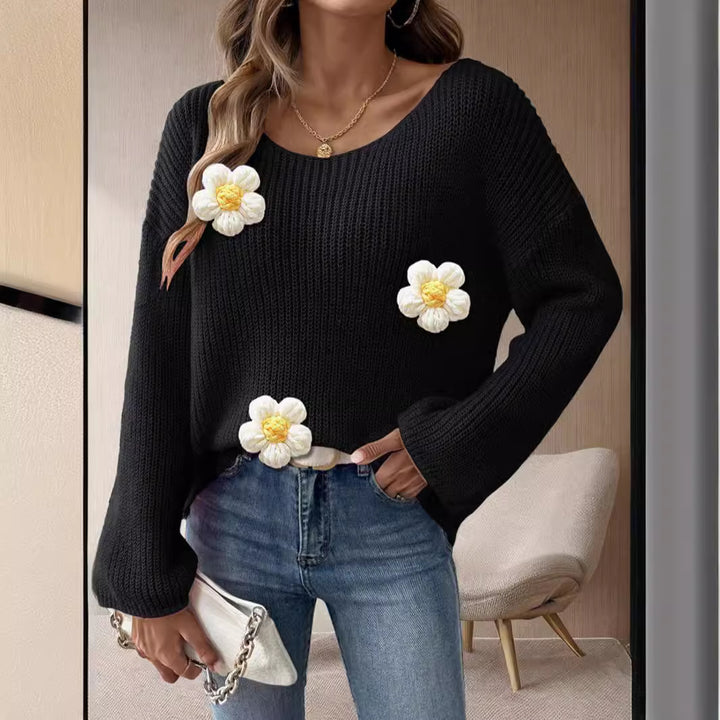 Damen Strickpullover mit verspielten Blumenapplikationen Drune