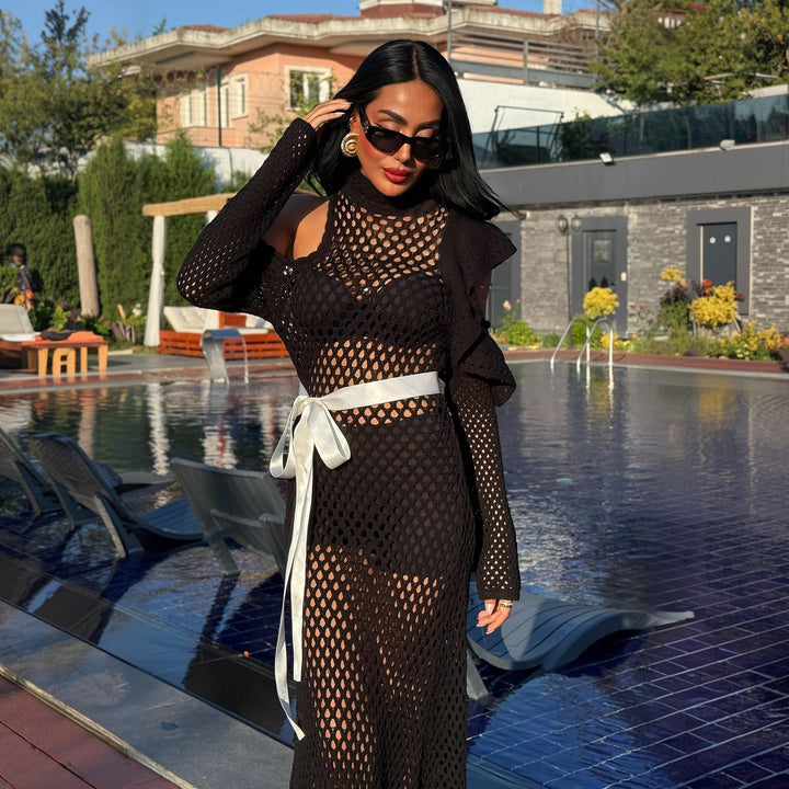 Damen schulterfreies Netzkleid mit eleganten Rüschen Drune