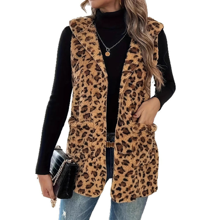 Damen Fluffy Tiermuster Weste mit Kapuze und Taschen Drune