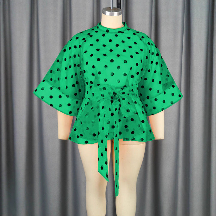 Damen Chiffonbluse mit gepunktetem Design und elegantem Taillengürtel Drune