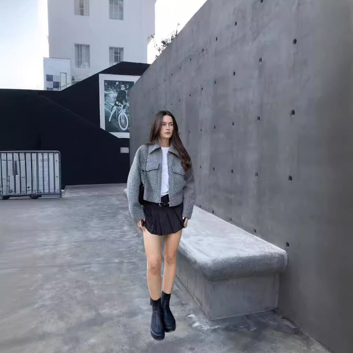 Damen cropped Winterjacke mit klassischem Kragen und Brusttaschen Drune