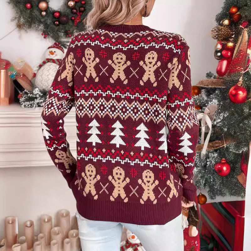 Damen festlicher Weihnachtspullover mit verspieltem Lebkuchenmotiv und klassischem Rundhalsausschnitt Drune