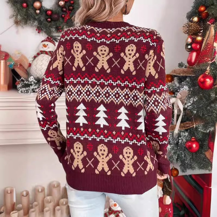 Damen festlicher Weihnachtspullover mit verspieltem Lebkuchenmotiv und klassischem Rundhalsausschnitt Drune
